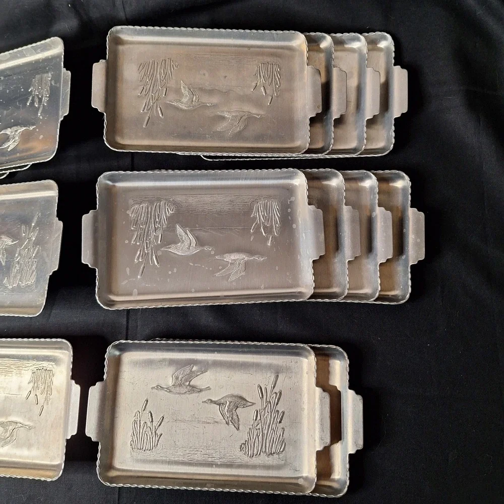 Vintage Aluminum Duck Mallard Flying Marsh Tip Trays Set of 20 Scalloped‎ Edge